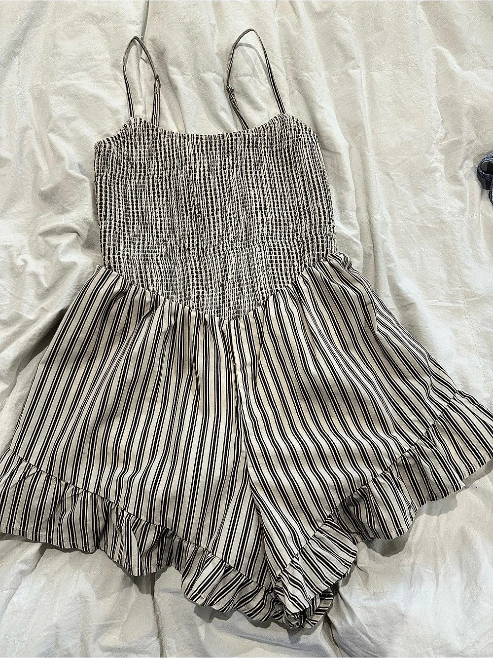 Abercrombie & Fitch A&F Sydney Smocked Dipped-Waist Romper Brown & Cream Small